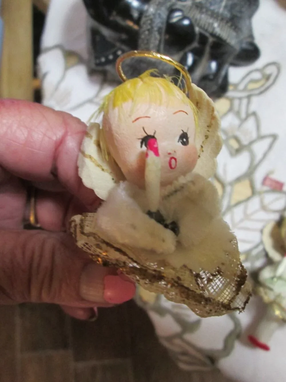 2 vtg japan mcm ornaments angels with halos' felted tinsel trim